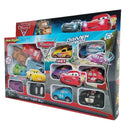 Conjunto com 12 miniaturas de carros Disney Pixar, incluindo Relâmpago McQueen, Jackson Storm e Mate. Perfeito para colecionadores e presentes de aniversário infantil.