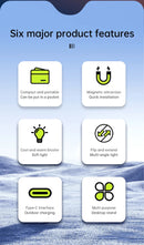 Espelho de selfie magnético com luz de preenchimento ajustável em duas cores. Suporte reversível multifuncional para celular. Ideal para fotos e vídeos profissionais com iluminação equilibrada.