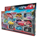 Conjunto com 12 miniaturas de carros Disney Pixar, incluindo Relâmpago McQueen, Jackson Storm e Mate. Perfeito para colecionadores e presentes de aniversário infantil.