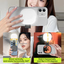 Espelho de selfie magnético com luz de preenchimento ajustável em duas cores. Suporte reversível multifuncional para celular. Ideal para fotos e vídeos profissionais com iluminação equilibrada.