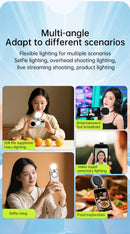 Espelho de selfie magnético com luz de preenchimento ajustável em duas cores. Suporte reversível multifuncional para celular. Ideal para fotos e vídeos profissionais com iluminação equilibrada.