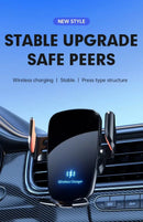 Carregador wireless para carro com suporte de ventilação. Carregamento rápido compatível com iPhone 16, 15, 14, 13, 12 Pro Max e smartphones Android. Design prático e seguro.