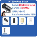 Projetor DITONG HY300 Plus com Android 4K, resolução 1280x720P, dual WiFi e 300 ANSI. Ideal para cinema em casa e ambientes externos. Portátil e com tecnologia LED de alta definição.