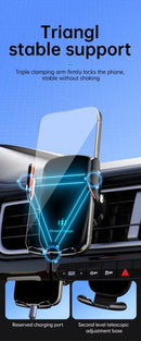 Carregador wireless para carro com suporte de ventilação. Carregamento rápido compatível com iPhone 16, 15, 14, 13, 12 Pro Max e smartphones Android. Design prático e seguro.