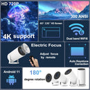 Projetor DITONG HY300 Plus com Android 4K, resolução 1280x720P, dual WiFi e 300 ANSI. Ideal para cinema em casa e ambientes externos. Portátil e com tecnologia LED de alta definição.