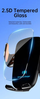 Carregador wireless para carro com suporte de ventilação. Carregamento rápido compatível com iPhone 16, 15, 14, 13, 12 Pro Max e smartphones Android. Design prático e seguro.