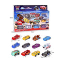 Conjunto com 12 miniaturas de carros Disney Pixar, incluindo Relâmpago McQueen, Jackson Storm e Mate. Perfeito para colecionadores e presentes de aniversário infantil.