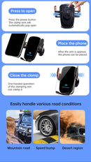 Carregador wireless para carro com suporte de ventilação. Carregamento rápido compatível com iPhone 16, 15, 14, 13, 12 Pro Max e smartphones Android. Design prático e seguro.