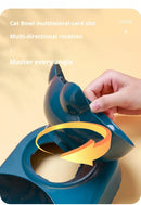 Jogo 3 em 1 de comedouro e bebedouro para gatos com design inclinado que protege o pescoço. Inclui garrafa de água com sistema de gravidade. Proporciona alimentação ergonômica e hidratação contínua para seu felino.