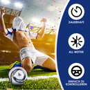 Bola de futebol oficial tamanho 5 com costura à máquina, PVC resistente e antiderrapante. Ideal para treinos e partidas ao ar livre. Durável e sem costuras aparentes.