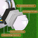 Bola de futebol oficial tamanho 5 com costura à máquina, PVC resistente e antiderrapante. Ideal para treinos e partidas ao ar livre. Durável e sem costuras aparentes.